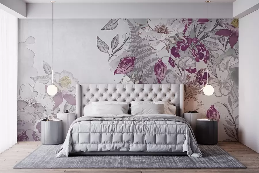 wall murals Цвеће са белим и љубичастим латицама, листовима и стабљикама, ефекат акварела, светло сива текстурирана позадина  w08899