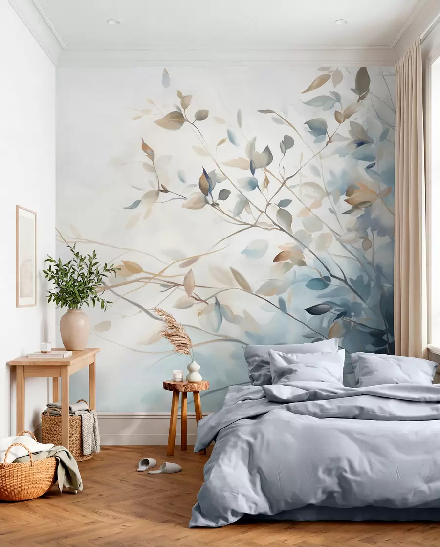 wall murals Гране са листовима у плавим и смеђим тоновима, светле позадине, меке и нежне, акварел стил  w08900