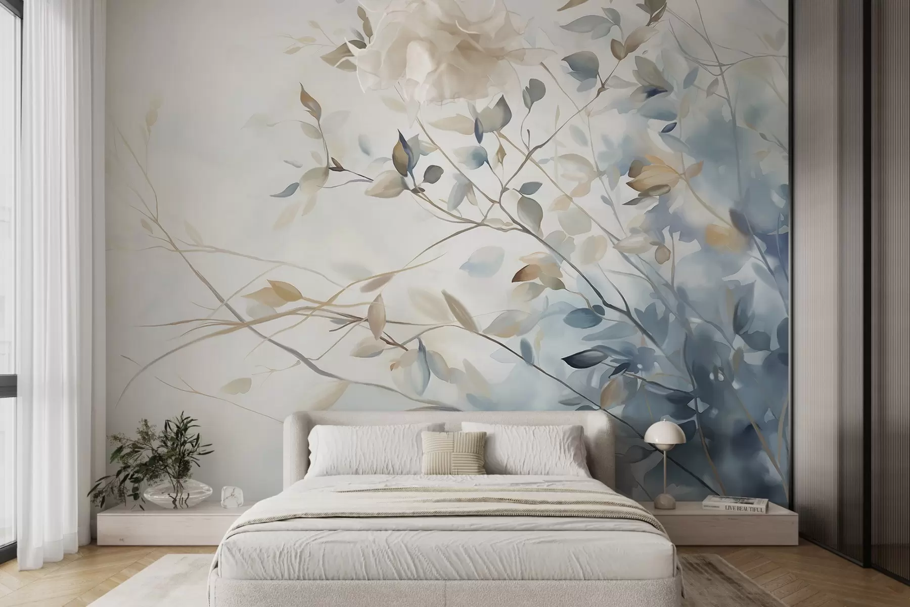 wall murals Гране са листовима у плавим и смеђим тоновима, светле позадине, меке и нежне, акварел стил  w08900