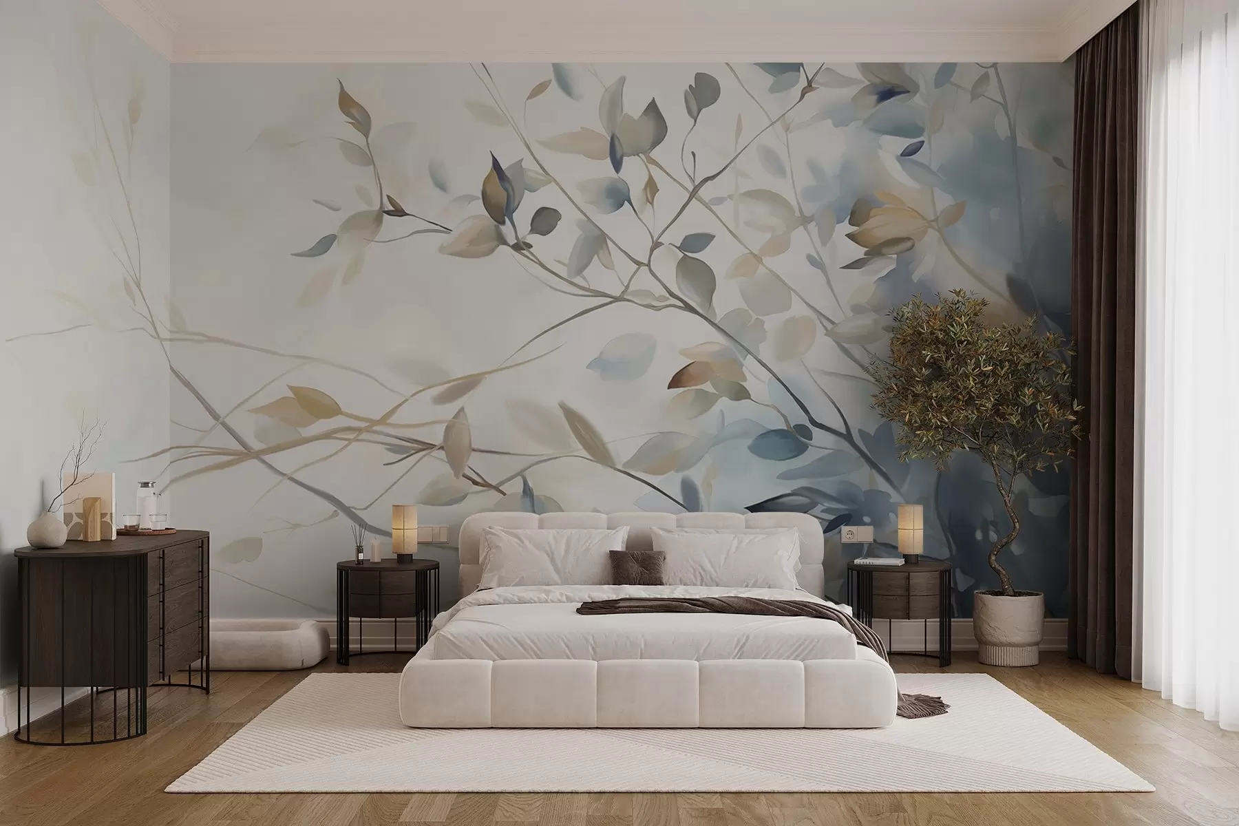 wall murals Гране са листовима у плавим и смеђим тоновима, светле позадине, меке и нежне, акварел стил  w08900