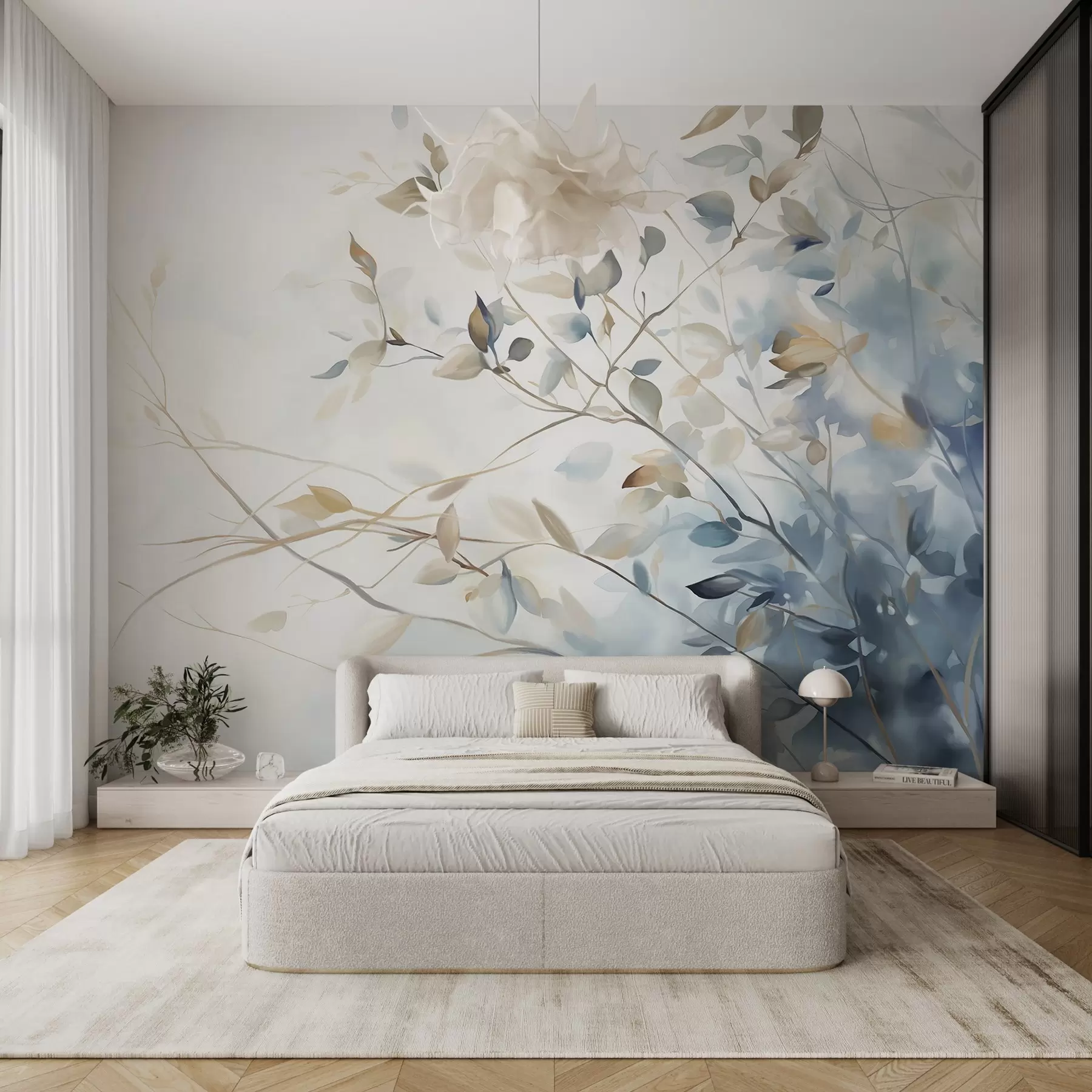 wall murals Гране са листовима у плавим и смеђим тоновима, светле позадине, меке и нежне, акварел стил  w08900