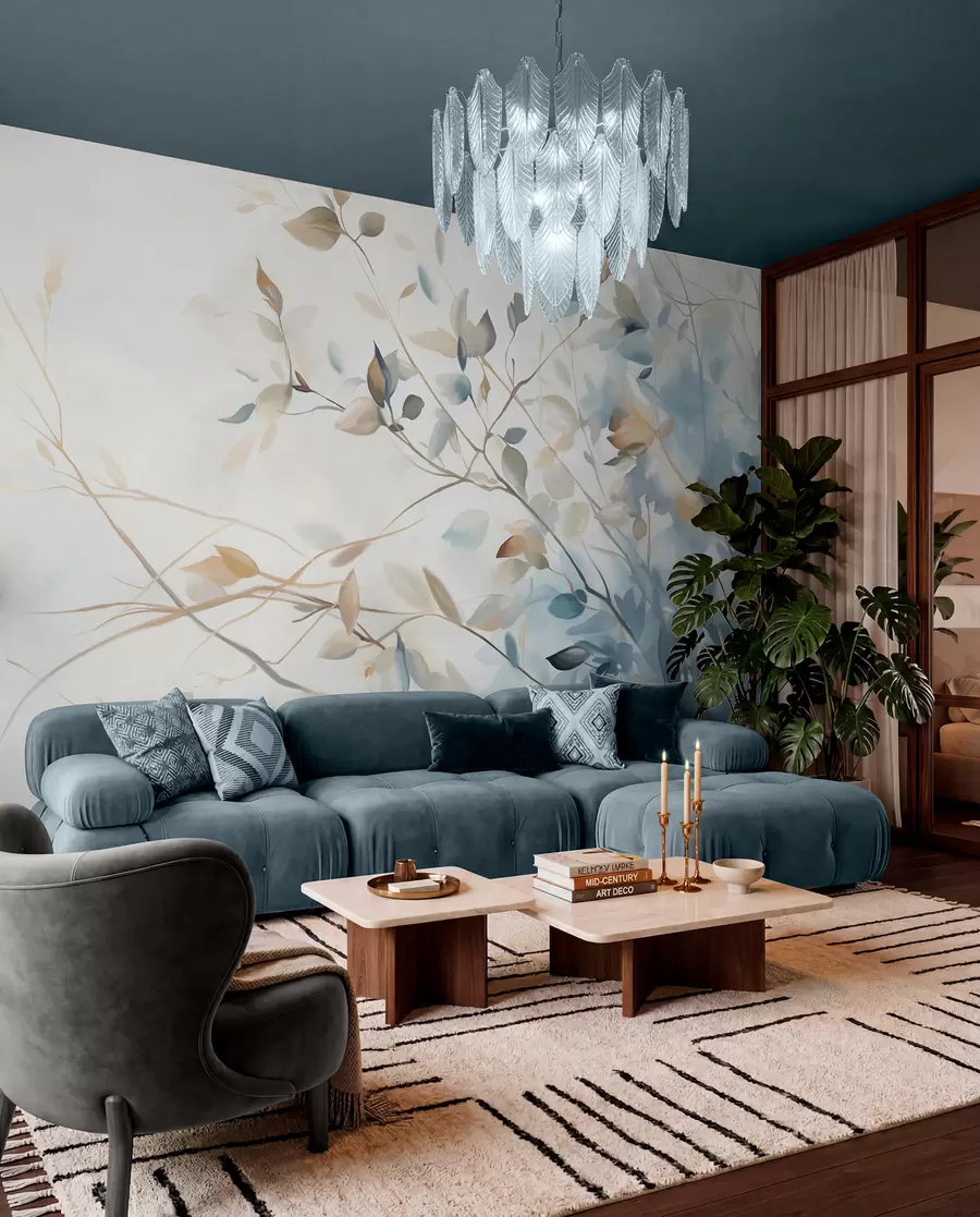 wall murals Гране са листовима у плавим и смеђим тоновима, светле позадине, меке и нежне, акварел стил  w08900
