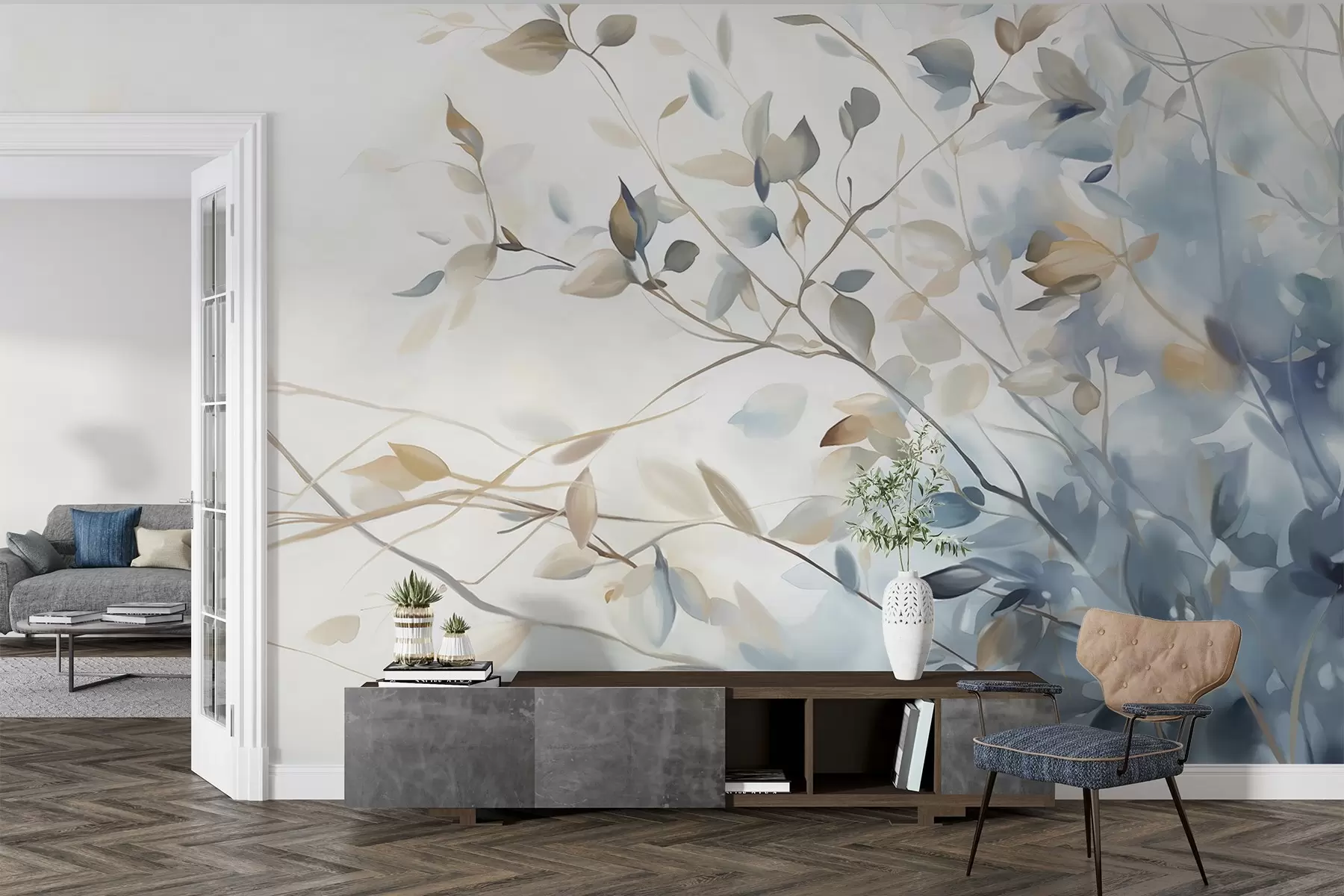 wall murals Гране са листовима у плавим и смеђим тоновима, светле позадине, меке и нежне, акварел стил  w08900