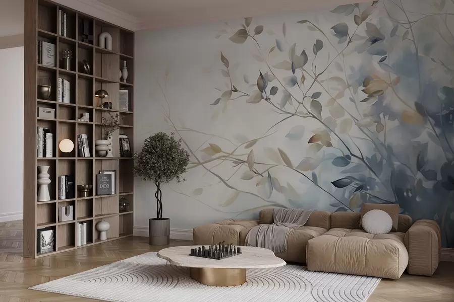 wall murals Гране са листовима у плавим и смеђим тоновима, светле позадине, меке и нежне, акварел стил  w08900