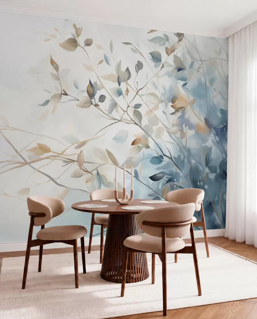 wall murals Гране са листовима у плавим и смеђим тоновима, светле позадине, меке и нежне, акварел стил  w08900