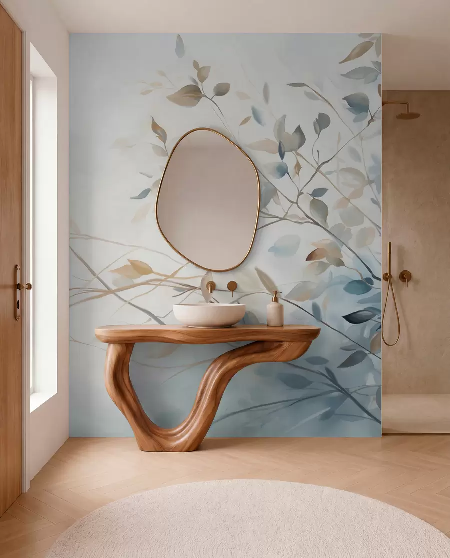 wall murals Гране са листовима у плавим и смеђим тоновима, светле позадине, меке и нежне, акварел стил  w08900