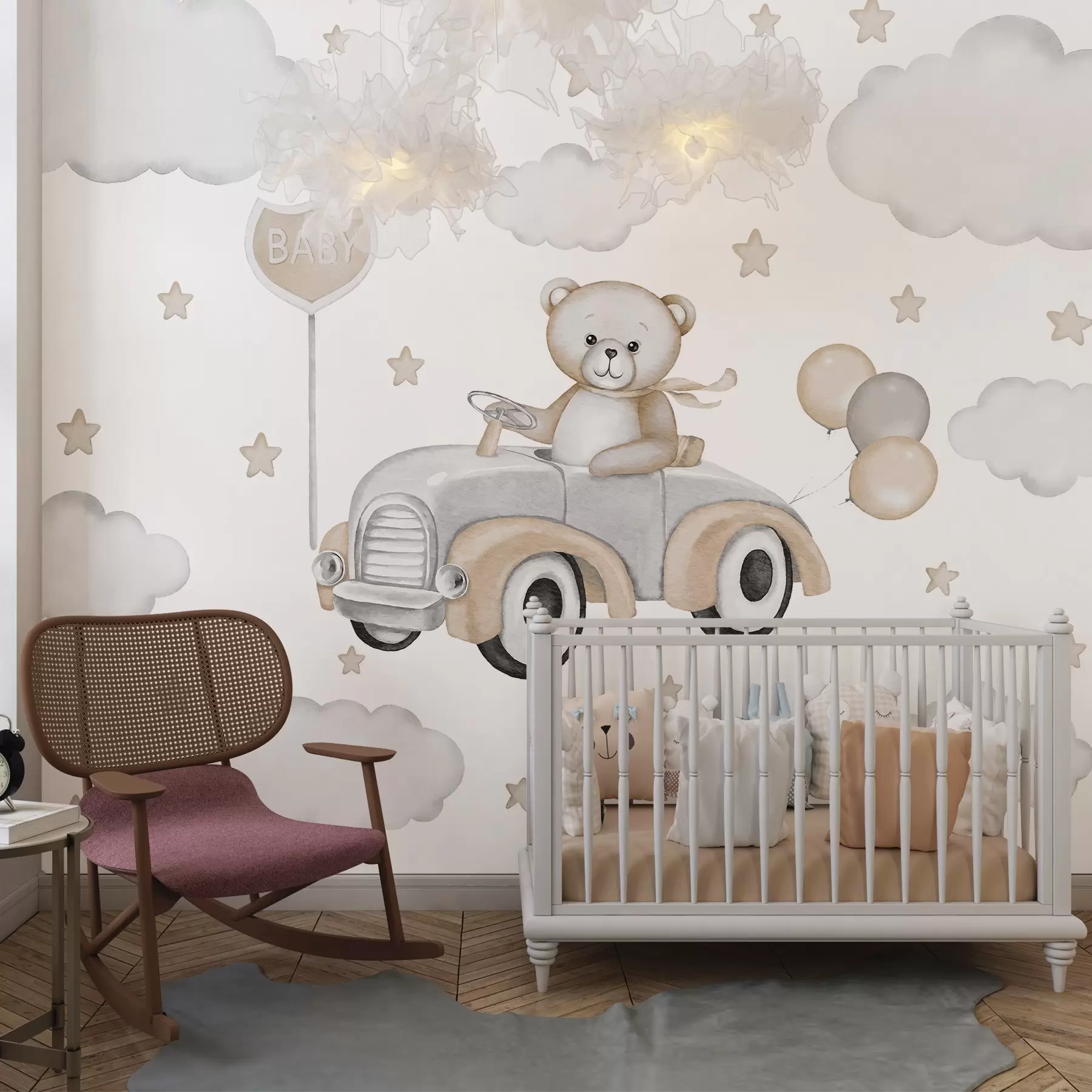 wall murals Прелепа илустрација плишаног медведа који вози стари аутомобил међу облацима и звездама w03382
