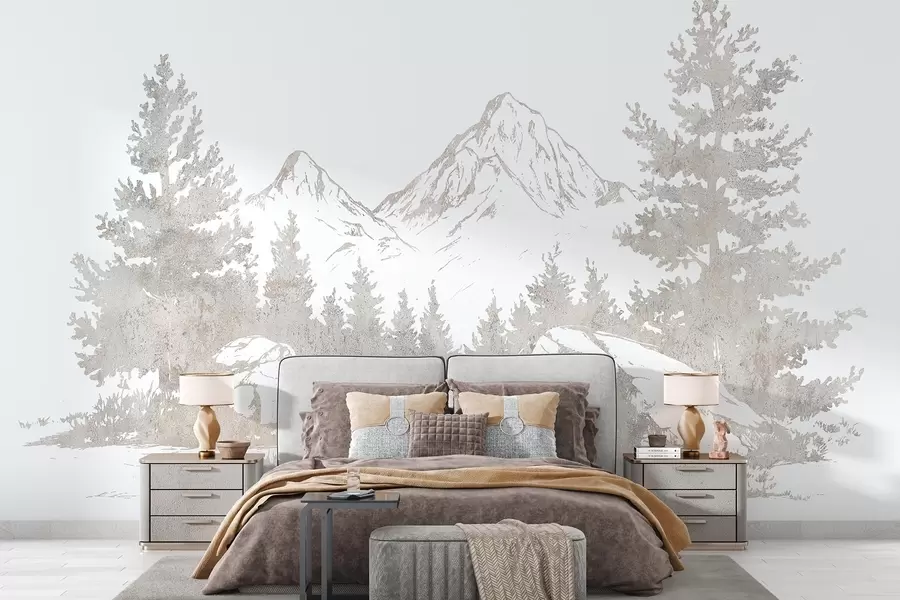 wall murals Алпи, планине са шумом, цртање линија, природне боје w03343