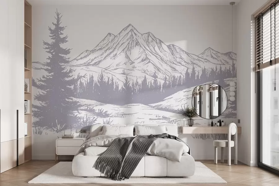 wall murals Планински пејзаж са боровима, шума, природа, нежно љубичаста боја w03344v2