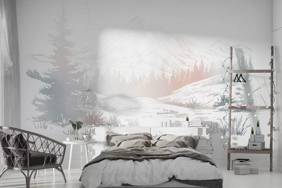 wall murals Планински пејзаж са боровима, шума, природа, шарено  w03344v4