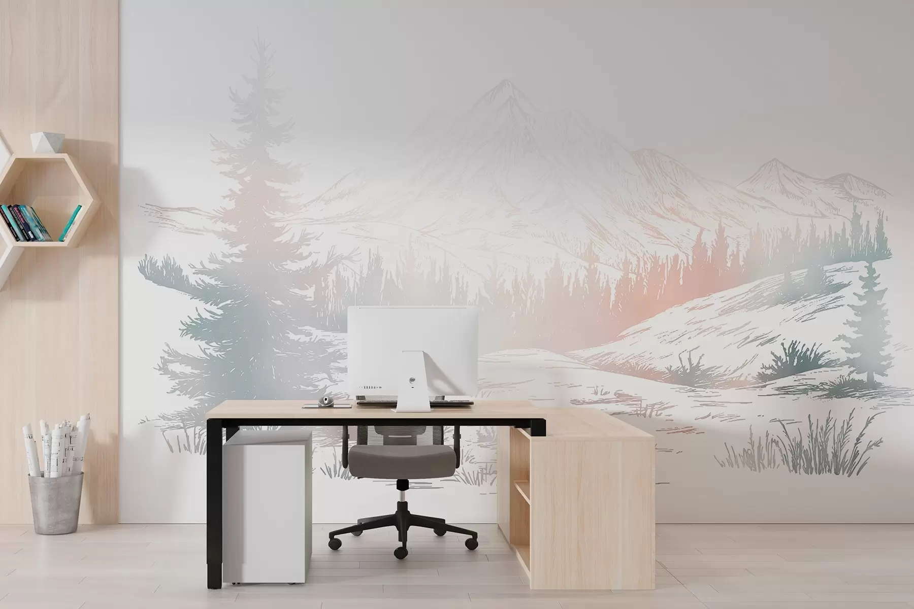 wall murals Планински пејзаж са боровима, шума, природа, шарено  w03344v4