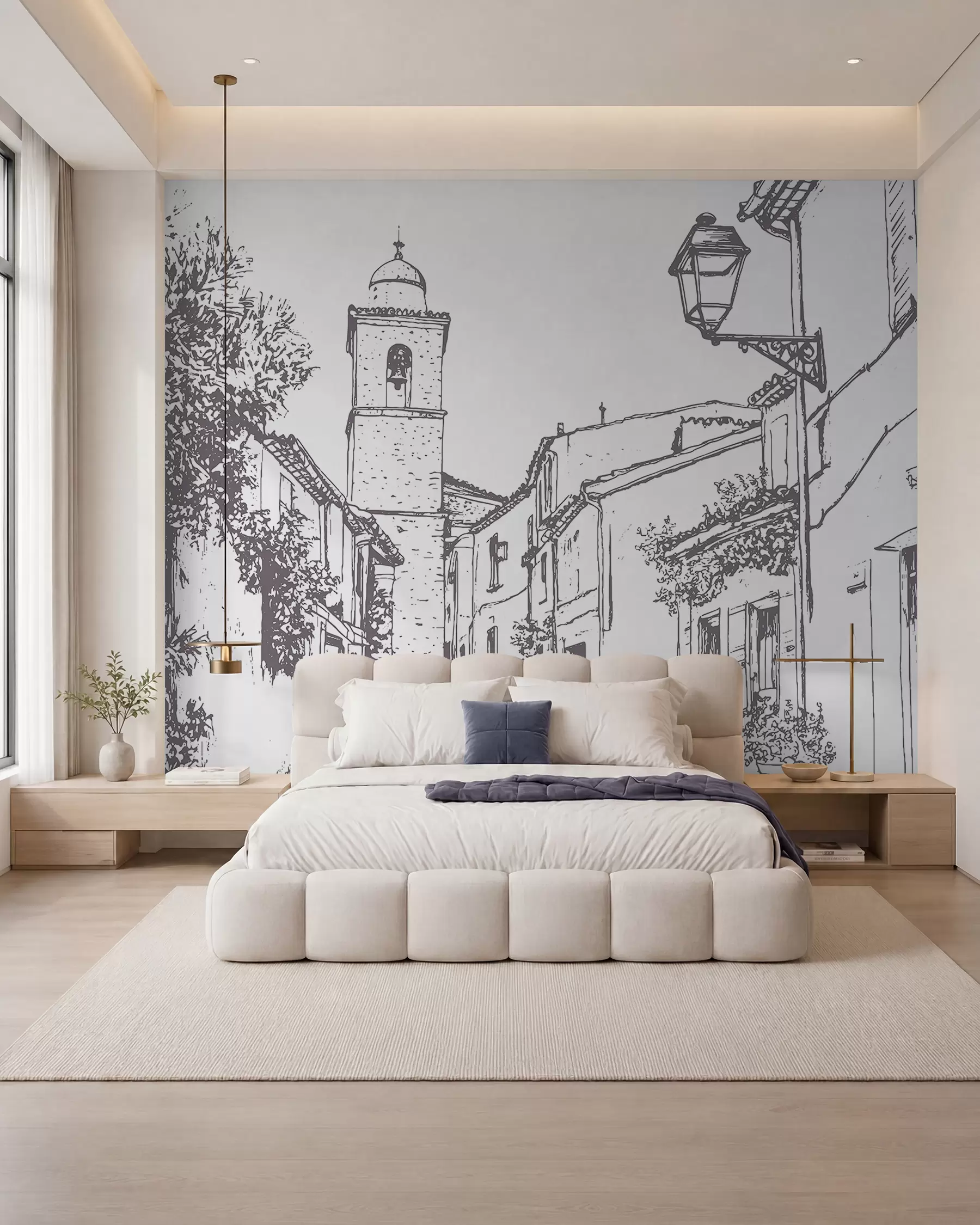 wall murals Градска улица, лепа архитектура, зграде, Медитеран, цртање линија, беж боја w03345v1