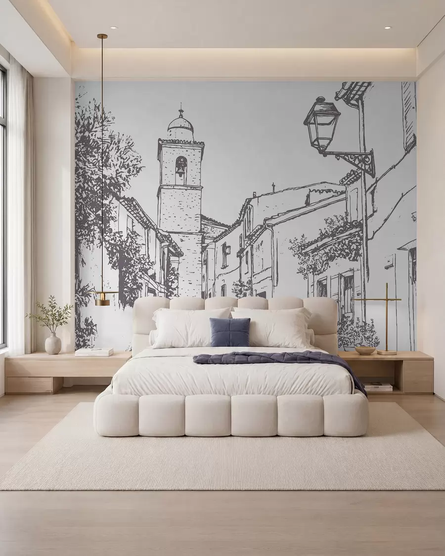 wall murals Градска улица, лепа архитектура, зграде, Медитеран, цртање линија, беж боја w03345v1
