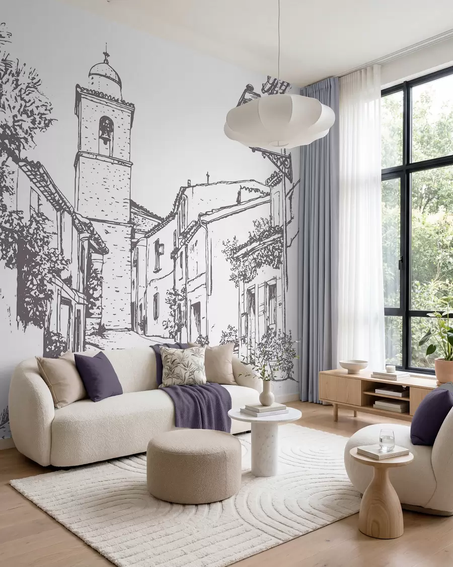 wall murals Градска улица, лепа архитектура, зграде, Медитеран, цртање линија, беж боја w03345v1