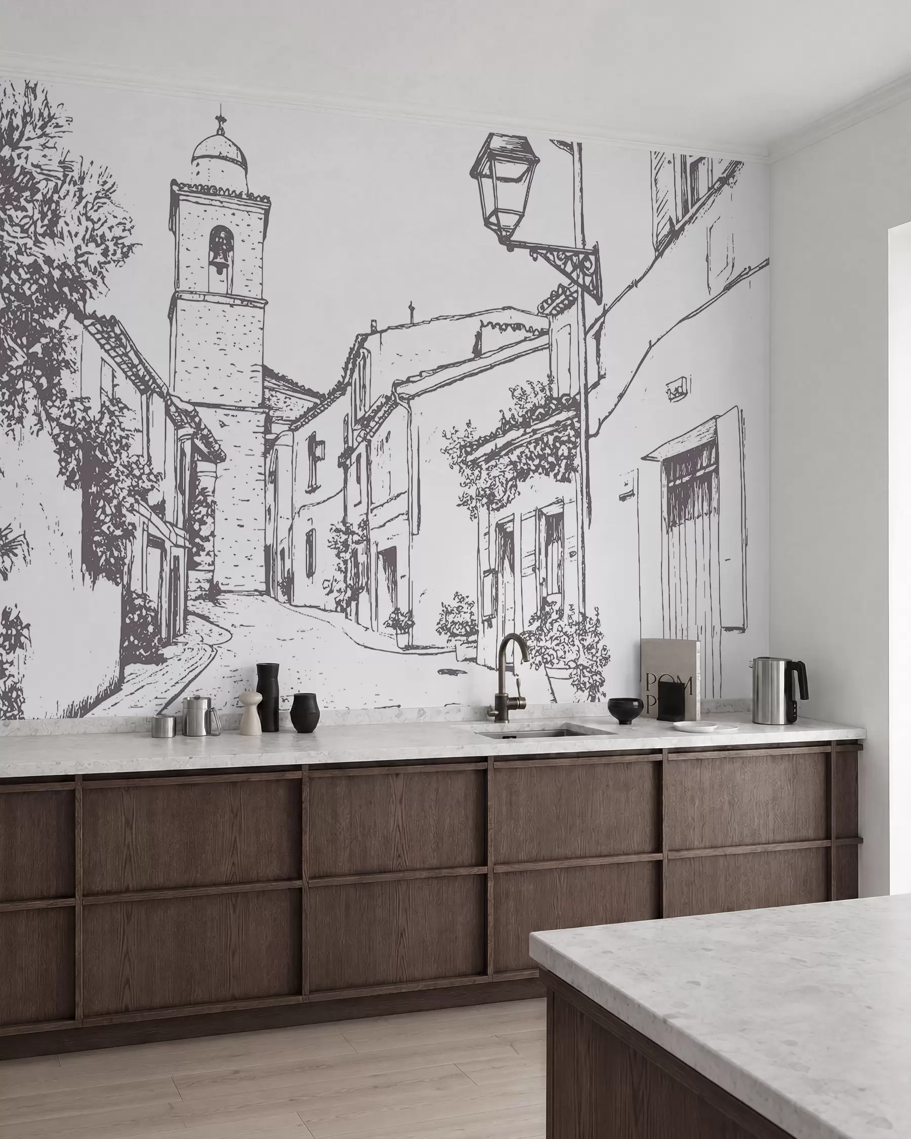 wall murals Градска улица, лепа архитектура, зграде, Медитеран, цртање линија, беж боја w03345v1