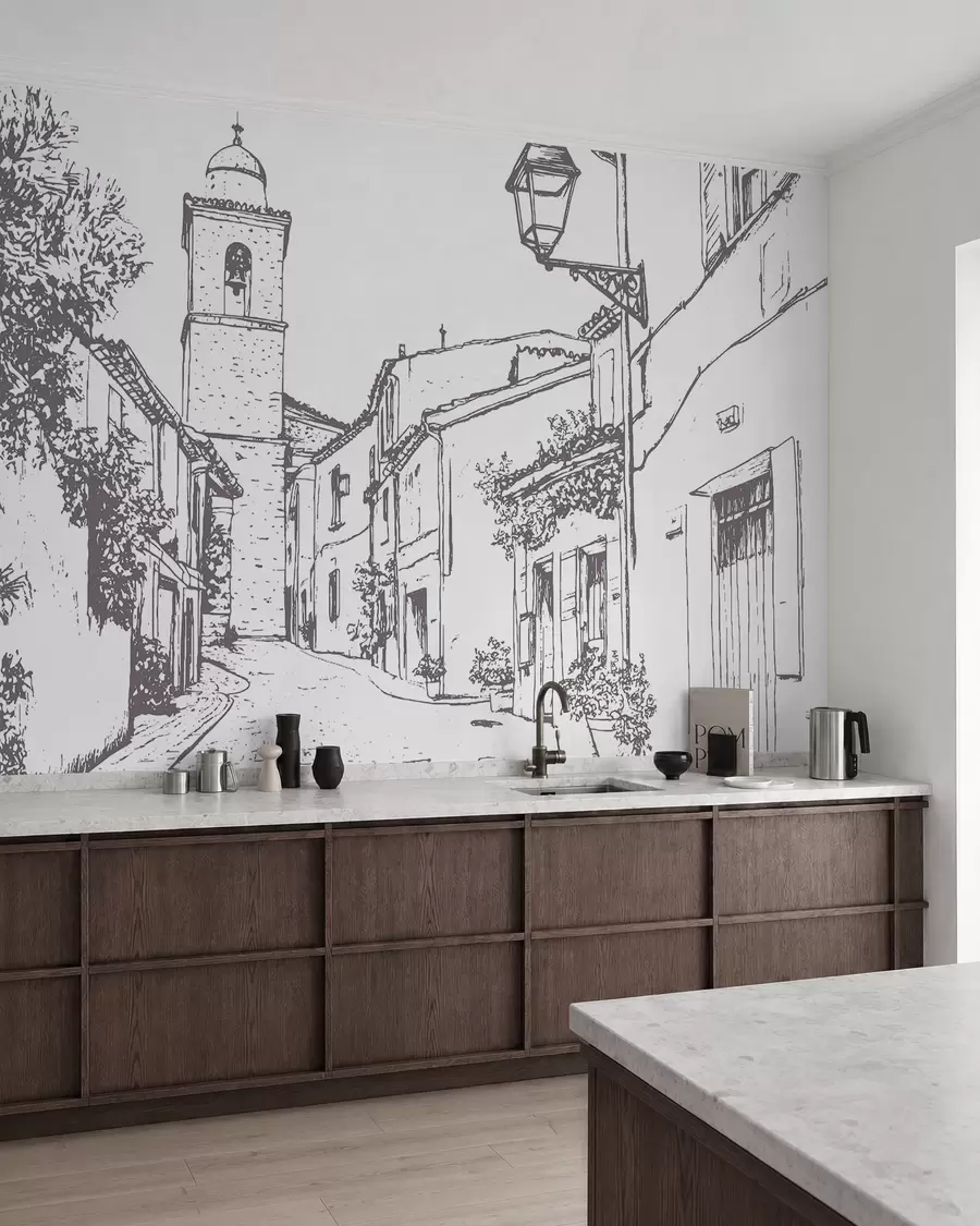 wall murals Градска улица, лепа архитектура, зграде, Медитеран, цртање линија, беж боја w03345v1
