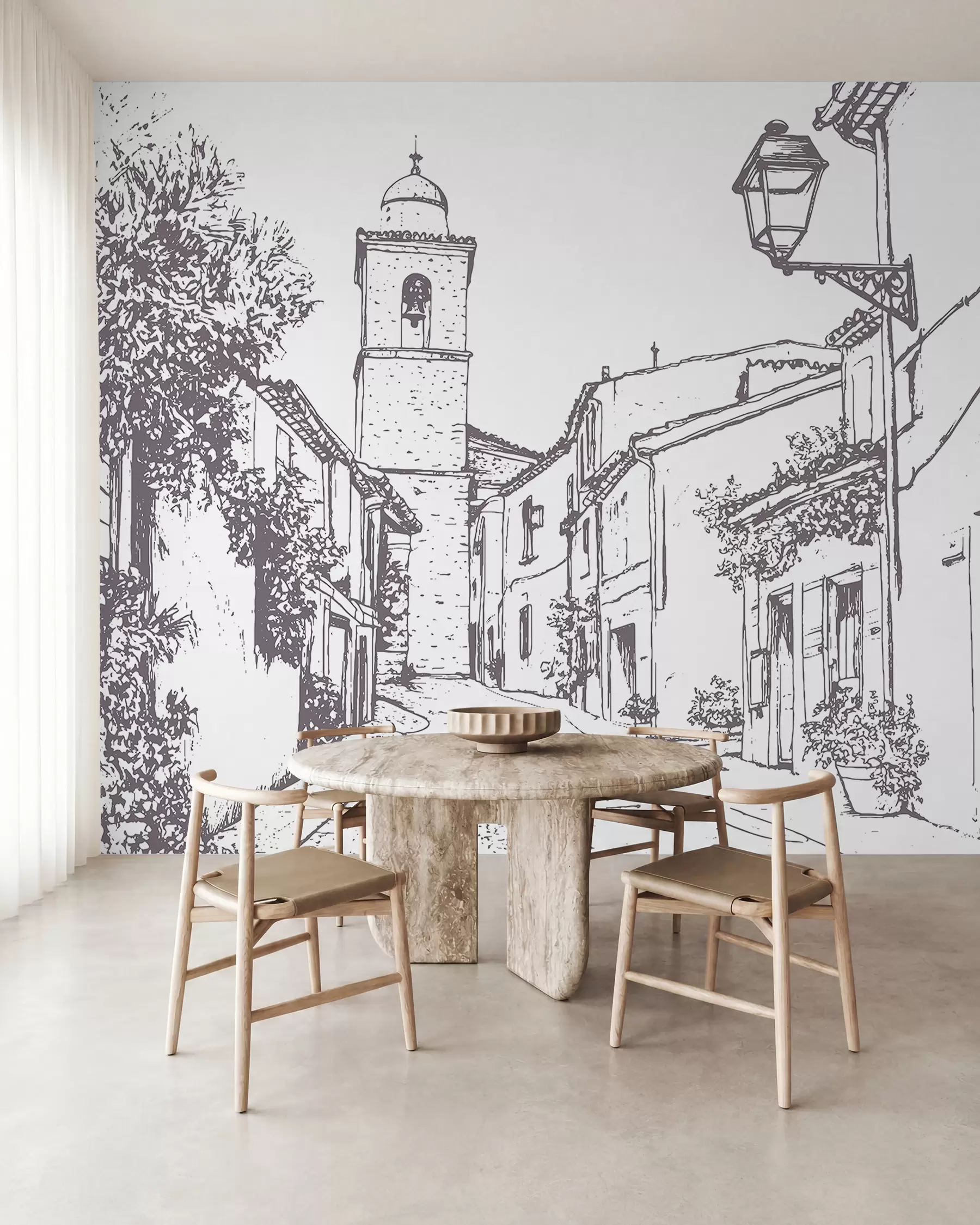 wall murals Градска улица, лепа архитектура, зграде, Медитеран, цртање линија, беж боја w03345v1
