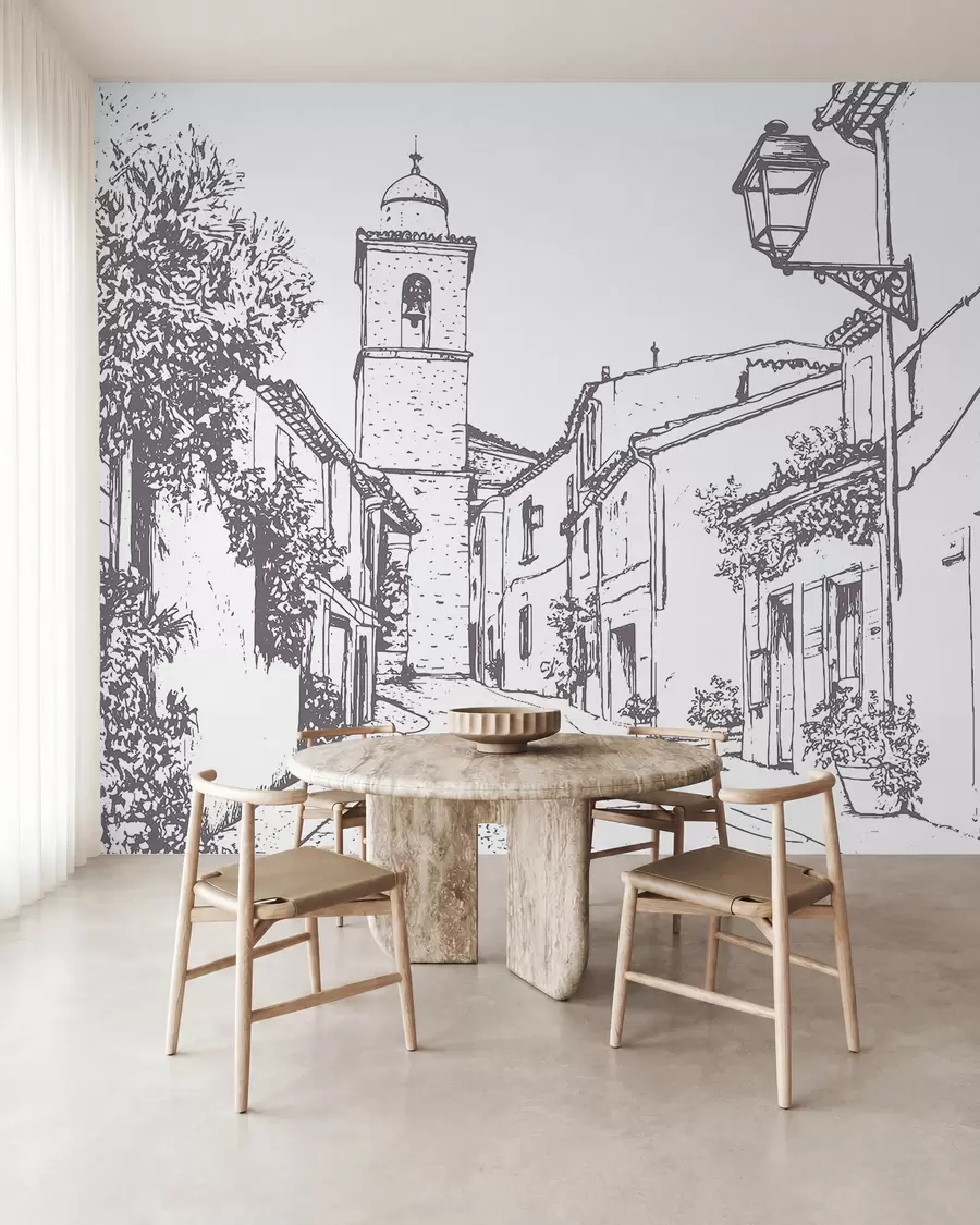 wall murals Градска улица, лепа архитектура, зграде, Медитеран, цртање линија, беж боја w03345v1