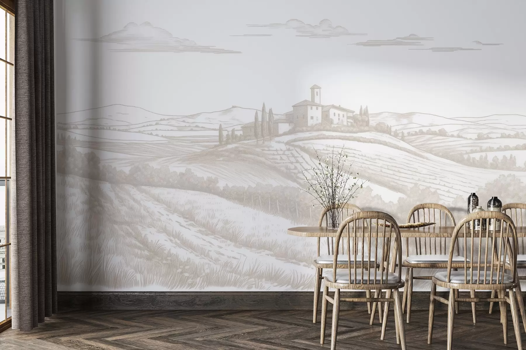 wall murals Тоскански пејзажи, Италија, виногради, природа, стари замак, беж боје w03349