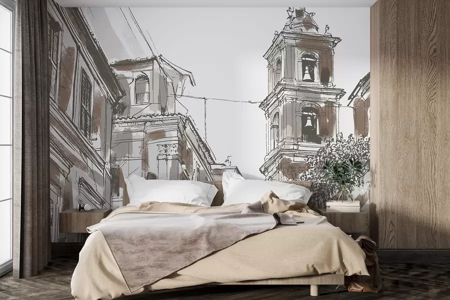 wall murals Медитеранска градска улица, капела, архитектура, беж и браон боје w03350v1