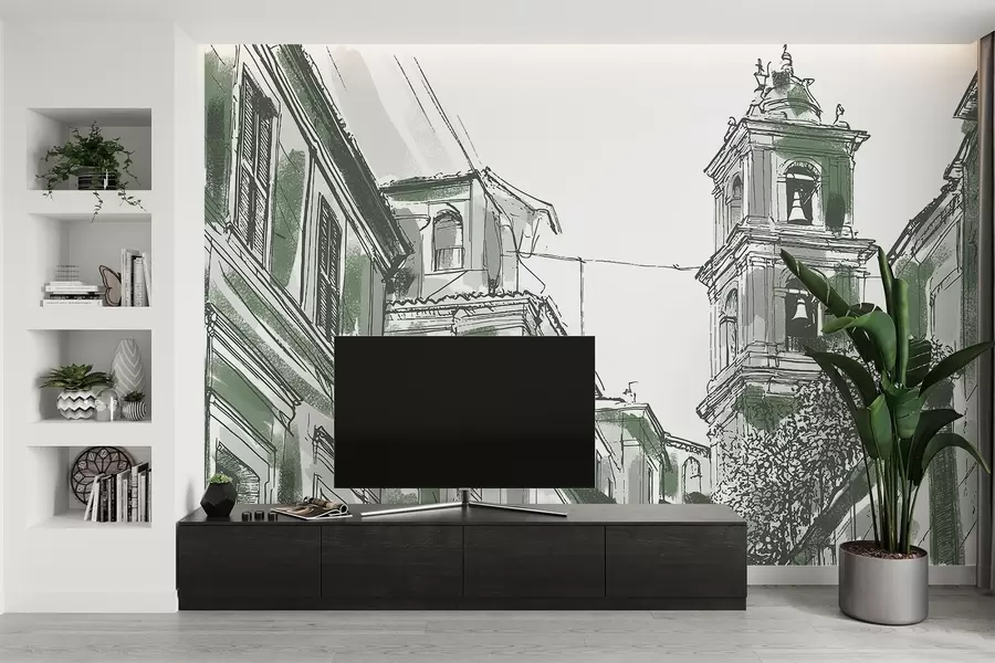 wall murals Медитеранска градска улица, капела, архитектура, сиве и зелене боје w03350v2