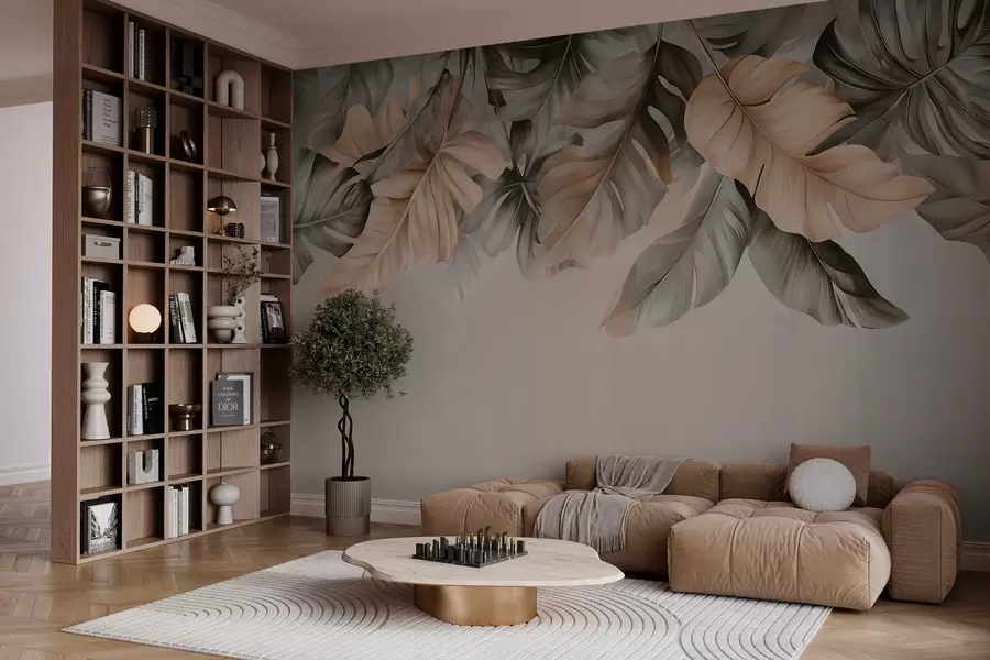 wall murals Тропско лишће које виси са врха, на текстурираној позадини w03290