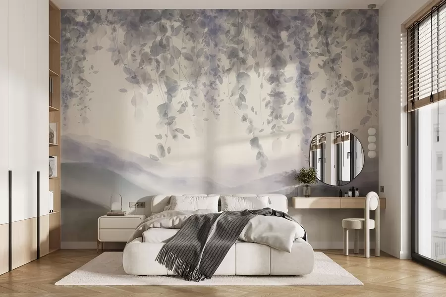 wall murals Листови глициније виси преко замућених планина, меке пастелне плаве и сиве боје, пејзаж у стилу акварела w08909