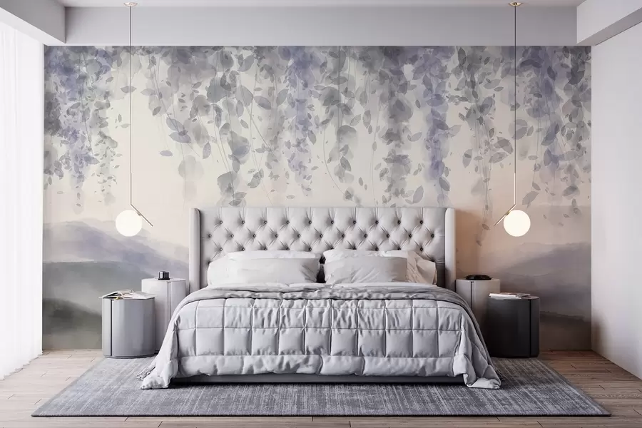 wall murals Листови глициније виси преко замућених планина, меке пастелне плаве и сиве боје, пејзаж у стилу акварела w08909