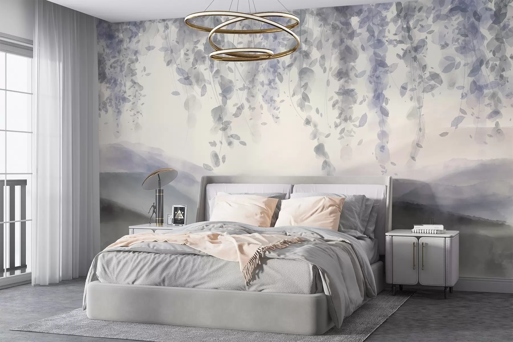 wall murals Листови глициније виси преко замућених планина, меке пастелне плаве и сиве боје, пејзаж у стилу акварела w08909