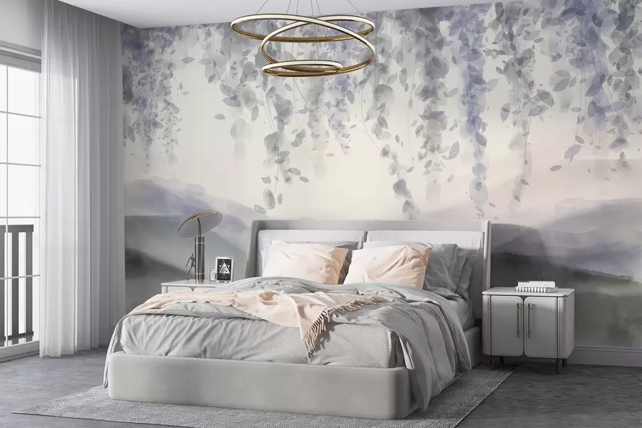 wall murals Листови глициније виси преко замућених планина, меке пастелне плаве и сиве боје, пејзаж у стилу акварела w08909