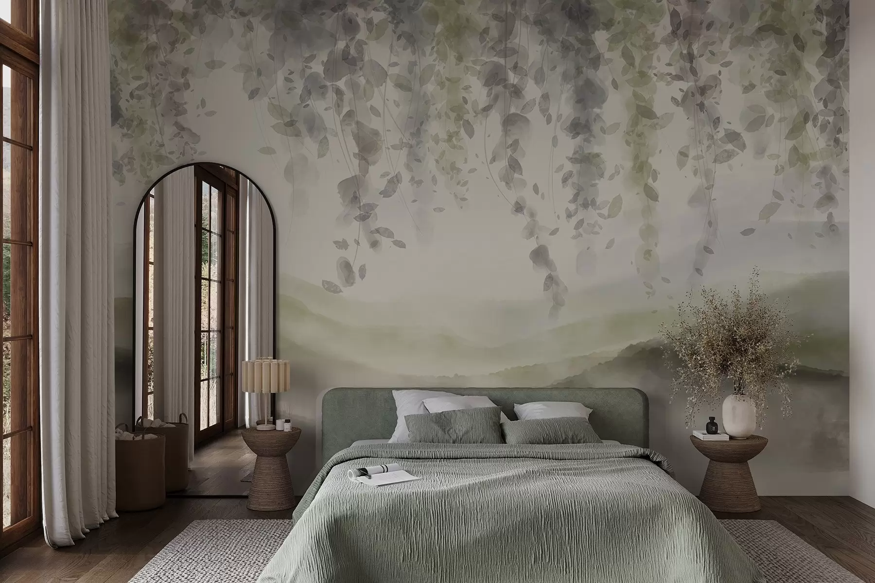 wall murals Листови глициније виси преко замућених планина, меке пастелне зелене и беж боје, пејзаж у стилу акварела w08909v2