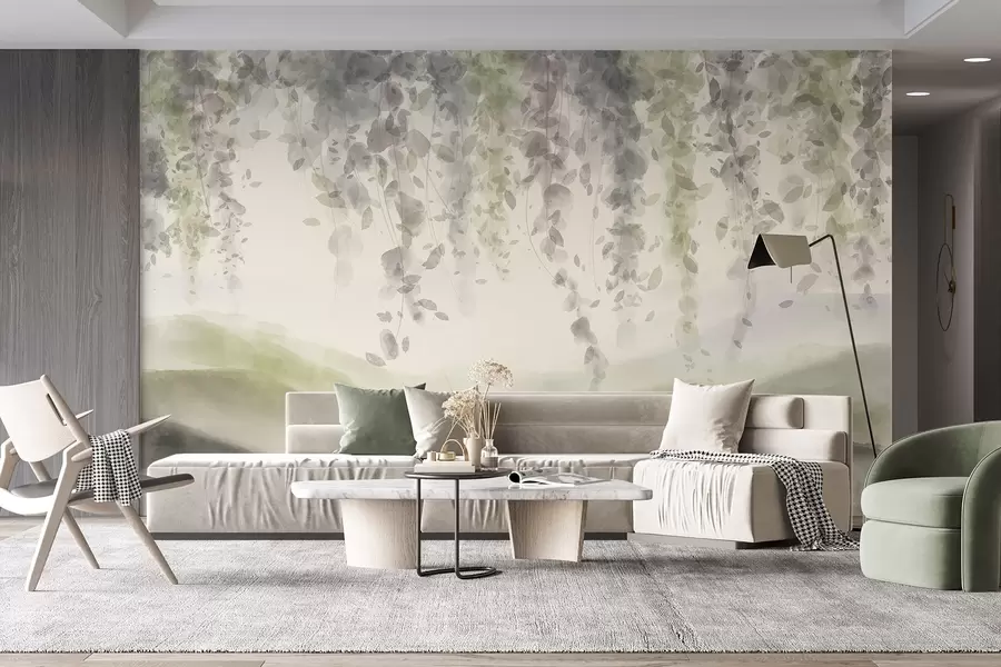 wall murals Листови глициније виси преко замућених планина, меке пастелне зелене и беж боје, пејзаж у стилу акварела w08909v2
