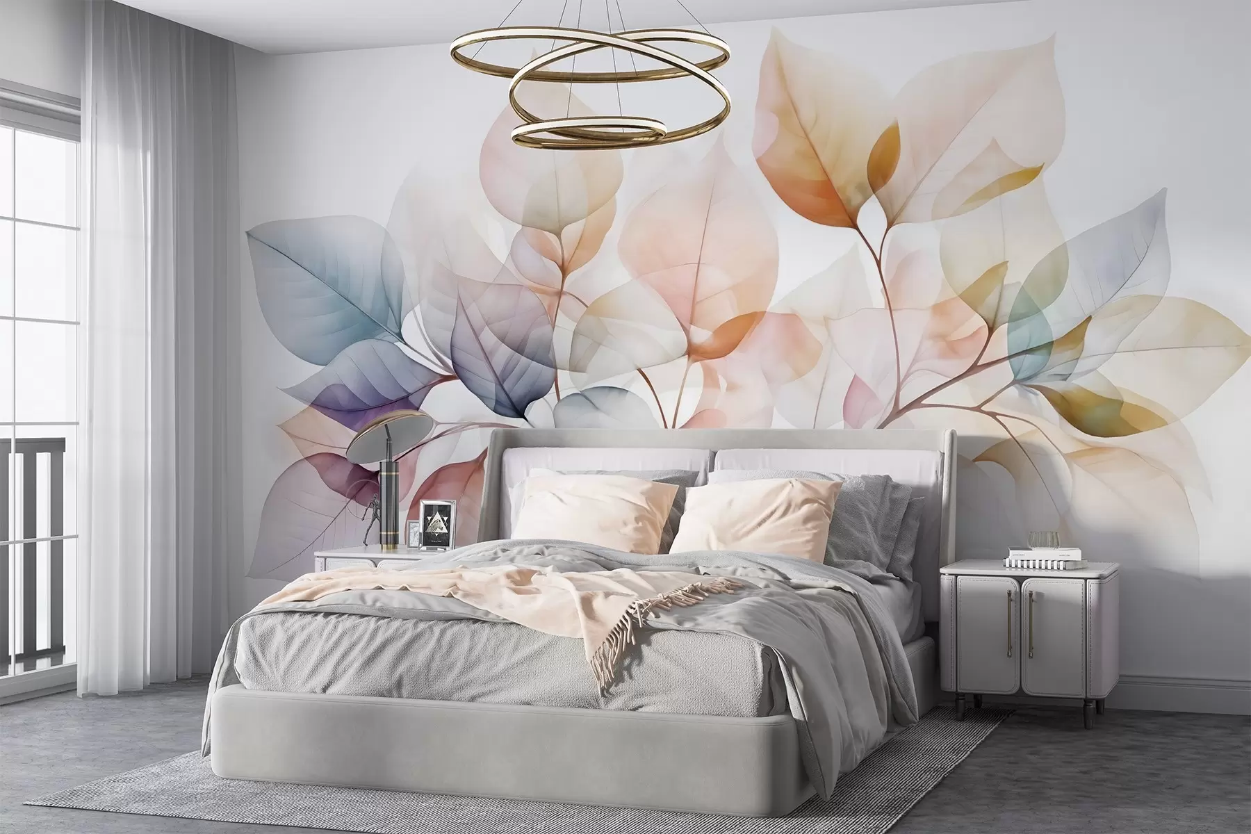 wall murals Акварел слика прозирног лишћа у пастелним бојама, са нијансама розе, беле, љубичасте и плаве w08910