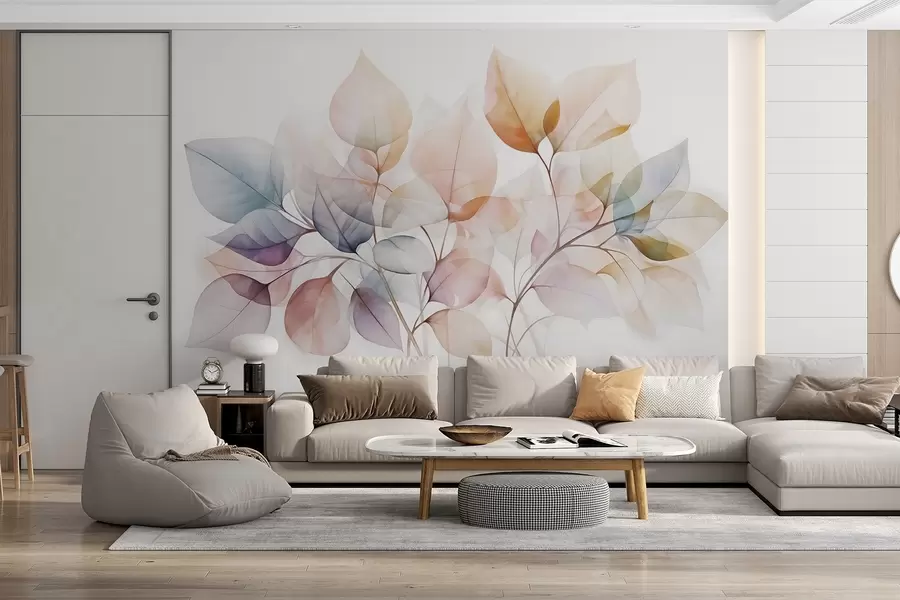 wall murals Акварел слика прозирног лишћа у пастелним бојама, са нијансама розе, беле, љубичасте и плаве w08910