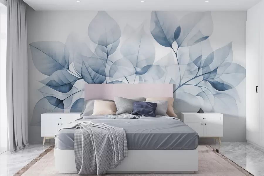 wall murals Акварелна слика прозирног лишћа у пастелним бојама, са нијансама беле и плаве w08910v1