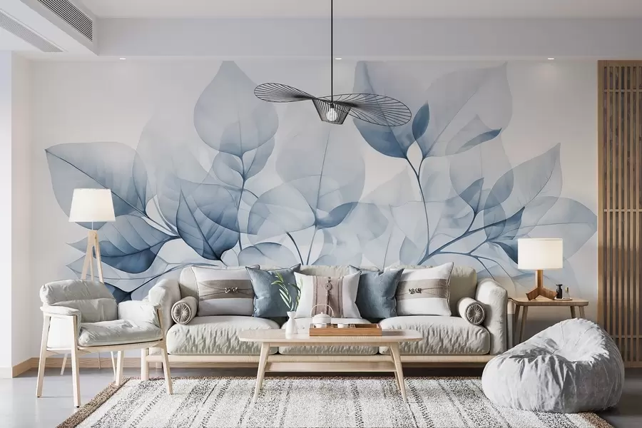 wall murals Акварелна слика прозирног лишћа у пастелним бојама, са нијансама беле и плаве w08910v1