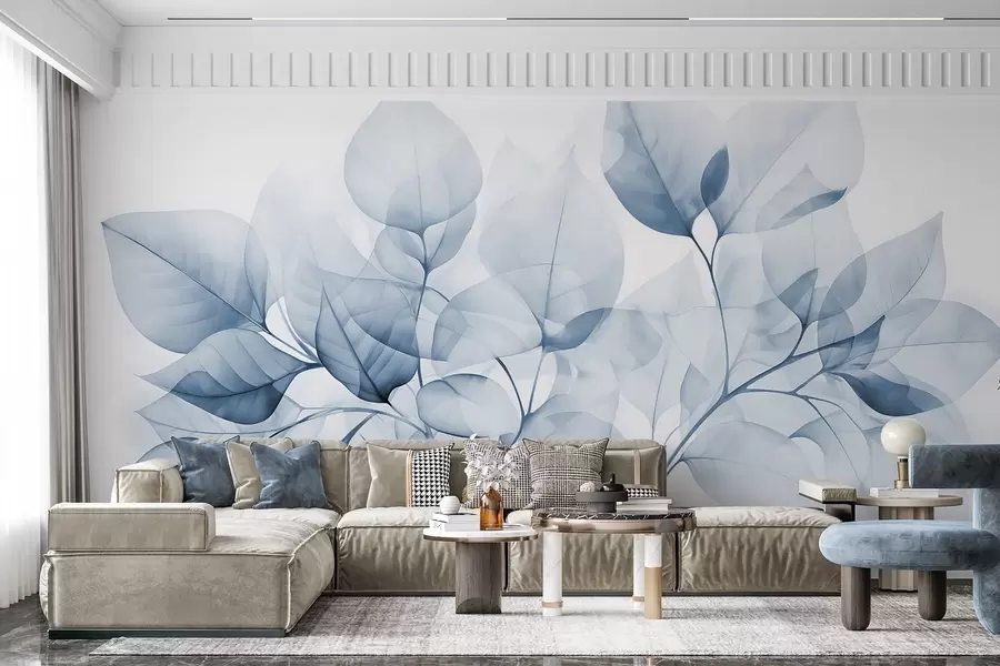 wall murals Акварелна слика прозирног лишћа у пастелним бојама, са нијансама беле и плаве w08910v1