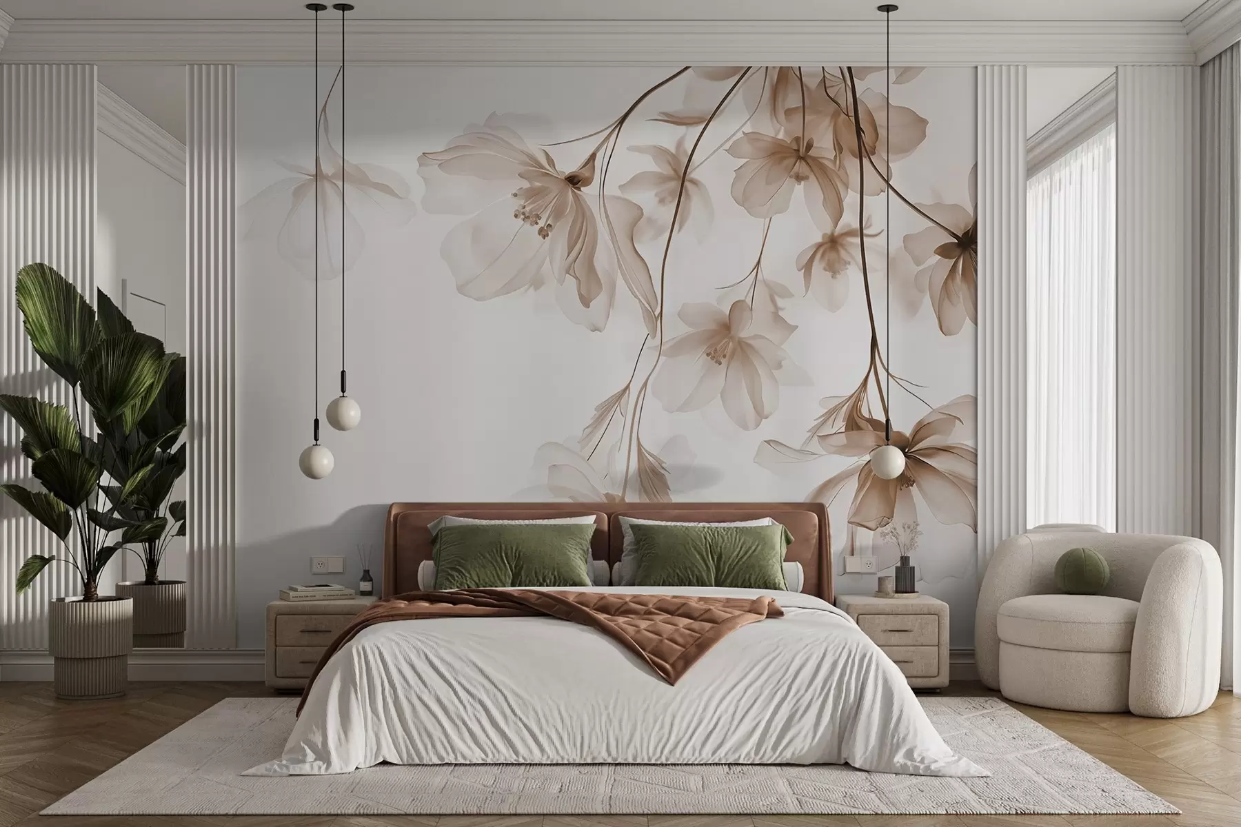 wall murals Беж цвеће са провидним латицама које висе са гране, беж и бело, минималистичка модерна уметничка композиција w08911v1