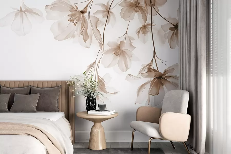 wall murals Беж цвеће са провидним латицама које висе са гране, беж и бело, минималистичка модерна уметничка композиција w08911v1