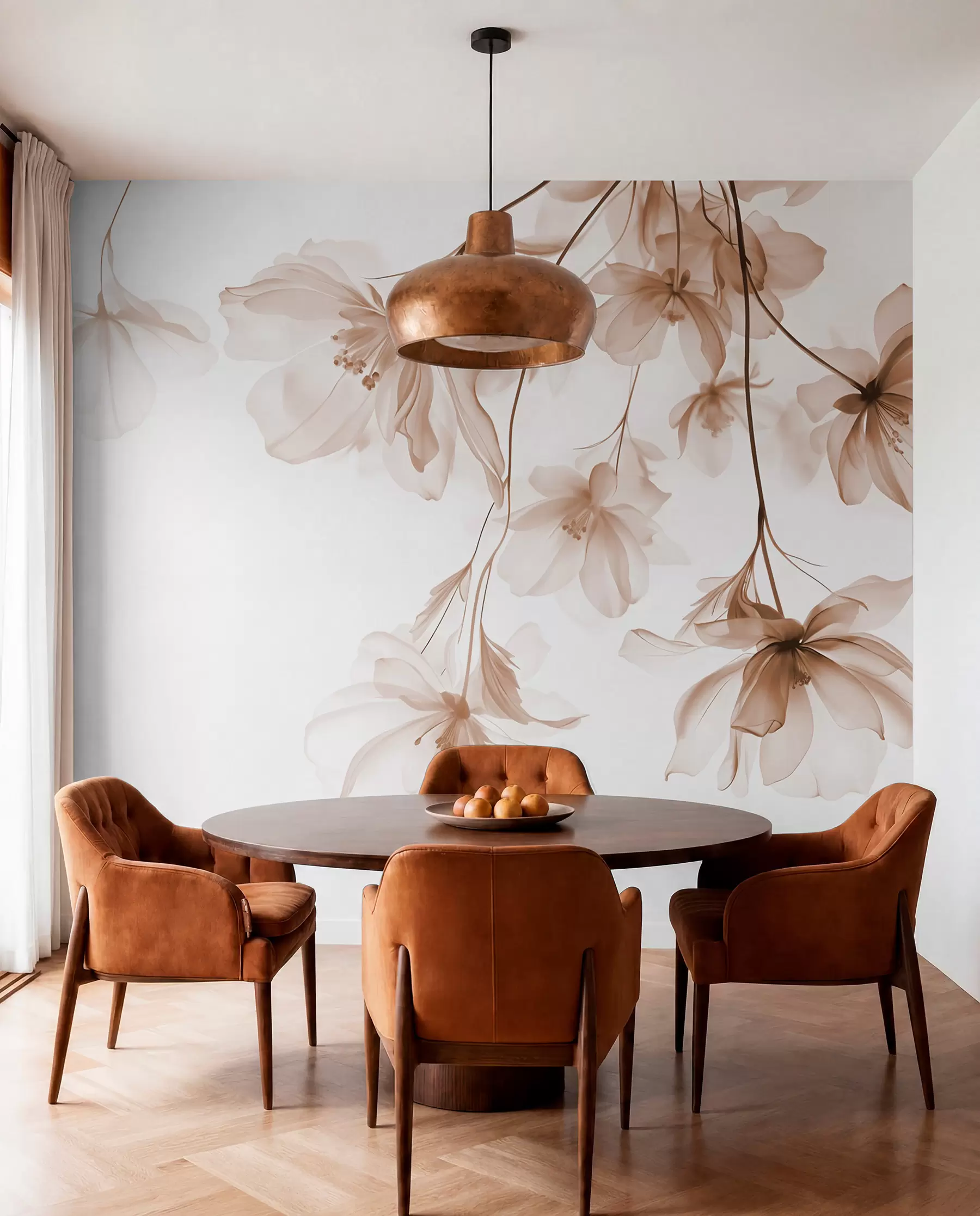 wall murals Беж цвеће са провидним латицама које висе са гране, беж и бело, минималистичка модерна уметничка композиција w08911v1