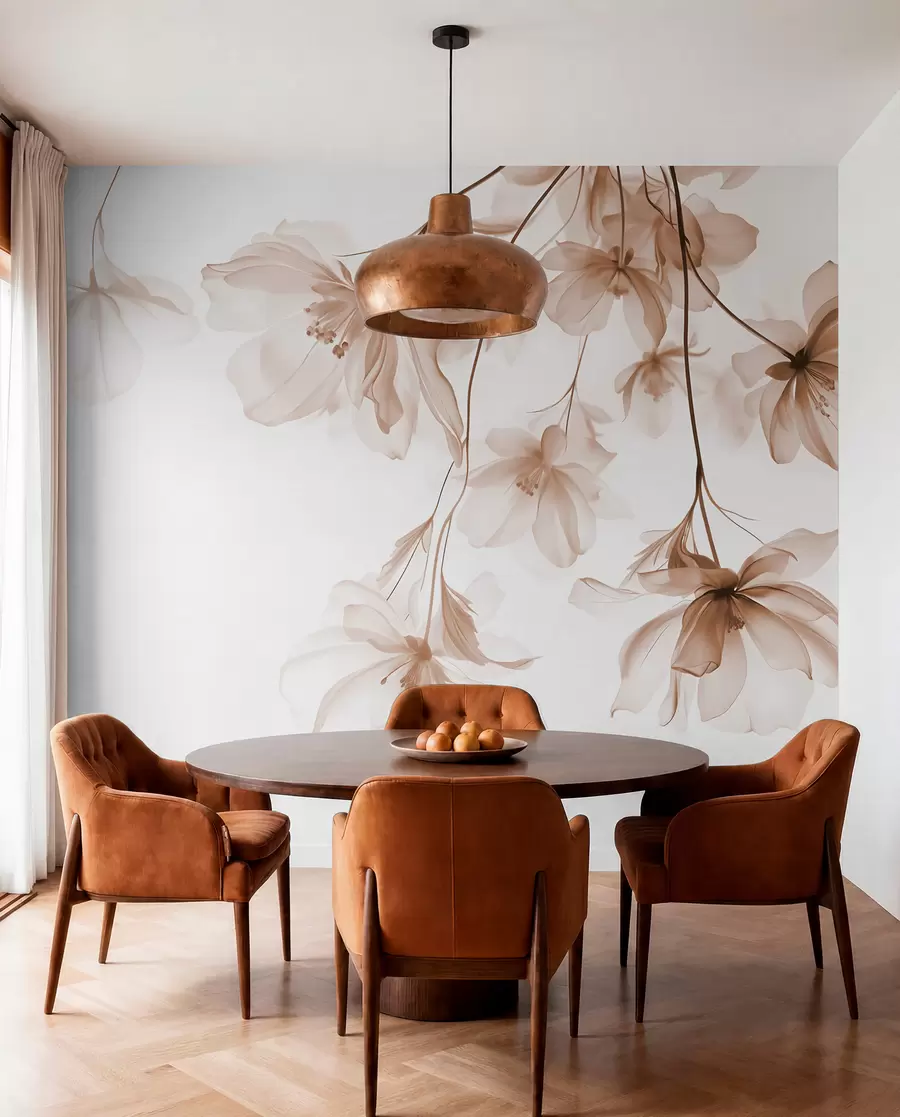 wall murals Беж цвеће са провидним латицама које висе са гране, беж и бело, минималистичка модерна уметничка композиција w08911v1