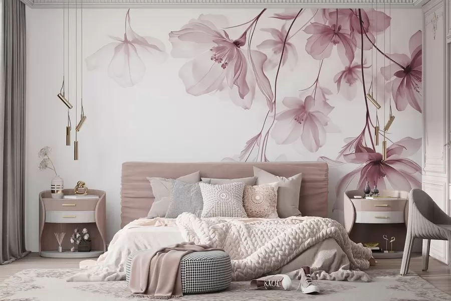 wall murals Розе цвеће са провидним латицама које висе са гране, розе и беле, минималистичка модерна уметничка композиција w08911v2