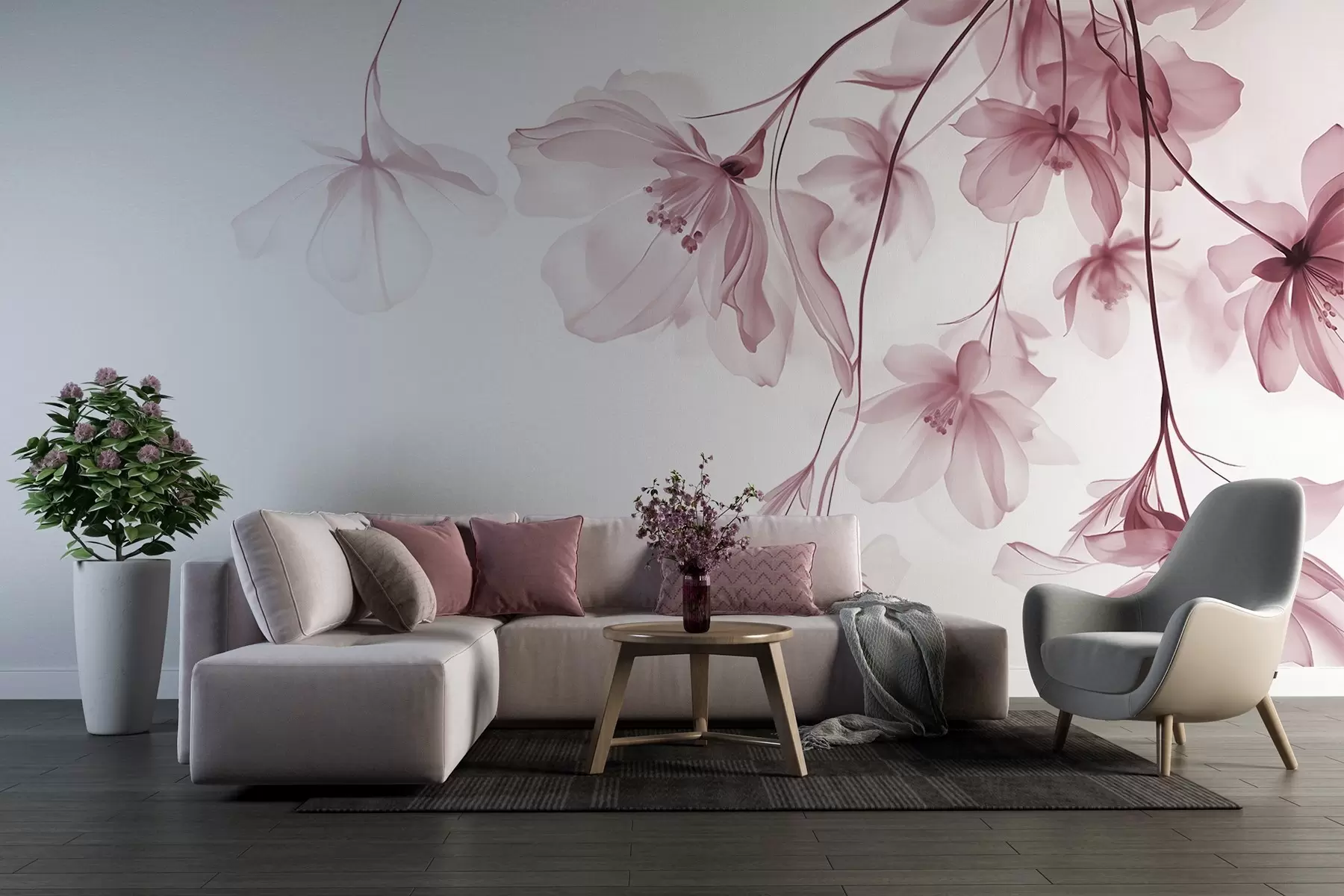wall murals Розе цвеће са провидним латицама које висе са гране, розе и беле, минималистичка модерна уметничка композиција w08911v2