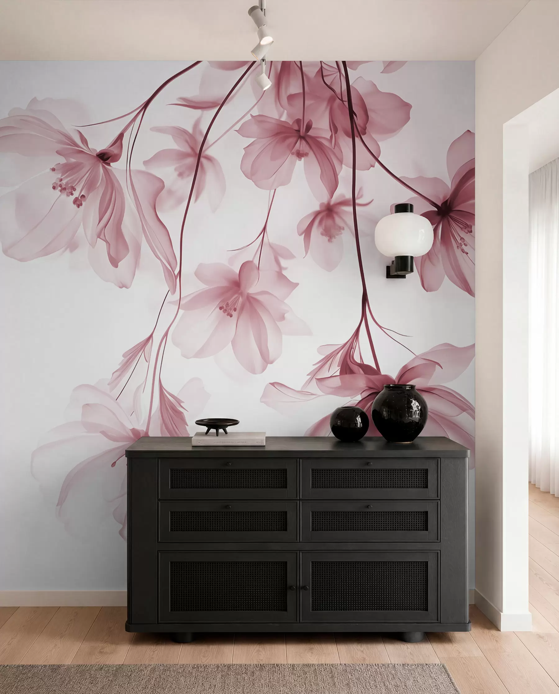 wall murals Розе цвеће са провидним латицама које висе са гране, розе и беле, минималистичка модерна уметничка композиција w08911v2