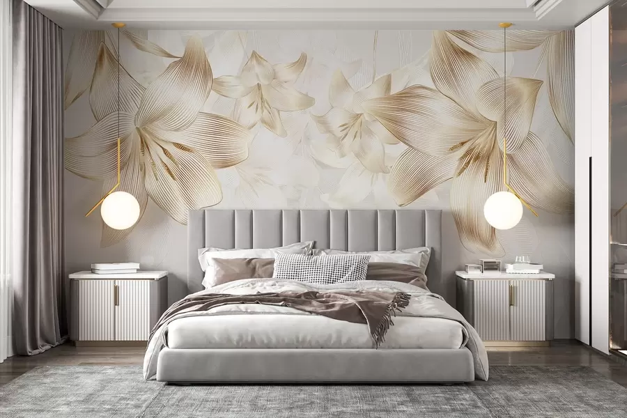 wall murals Жути љиљани са сложеним детаљима линија, елегантан цветни аранжман, неутрална палета боја w08912