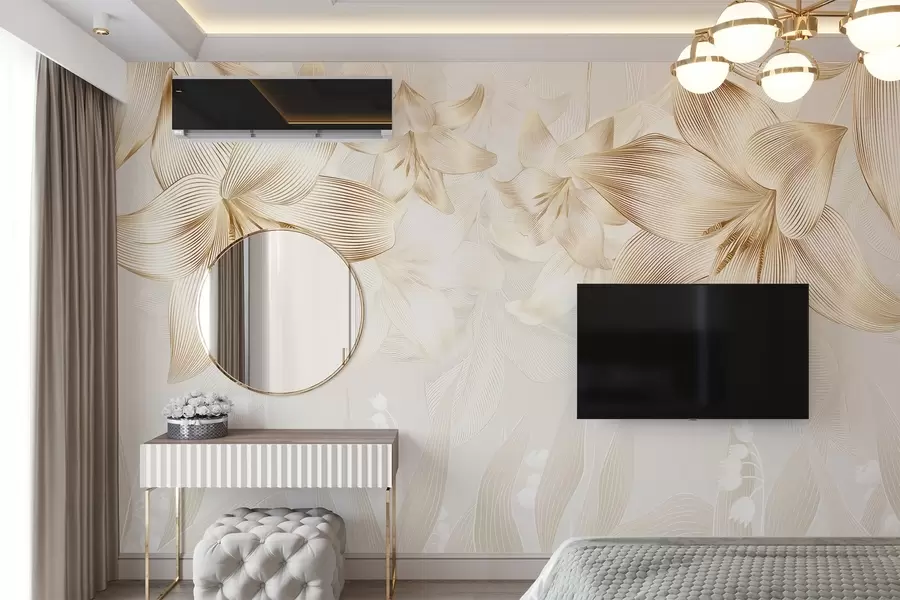 wall murals Жути љиљани са сложеним детаљима линија, елегантан цветни аранжман, неутрална палета боја w08912