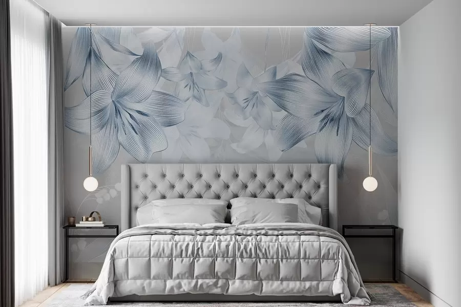 wall murals Плави љиљани са сложеним детаљима линија, елегантним цветним аранжманом, неутралном палетом боја w08912v1