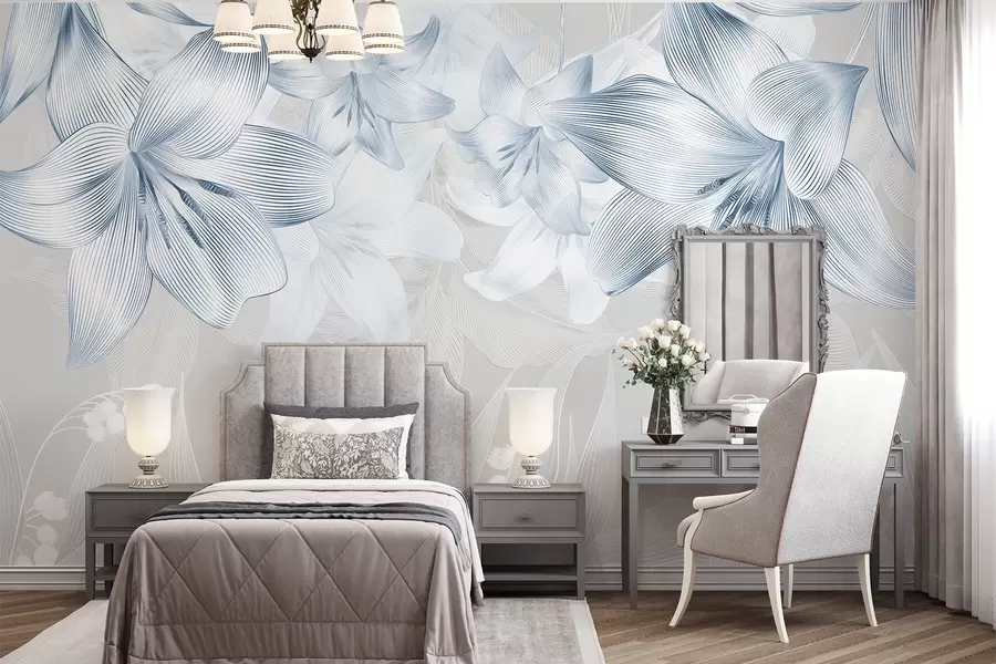 wall murals Плави љиљани са сложеним детаљима линија, елегантним цветним аранжманом, неутралном палетом боја w08912v1