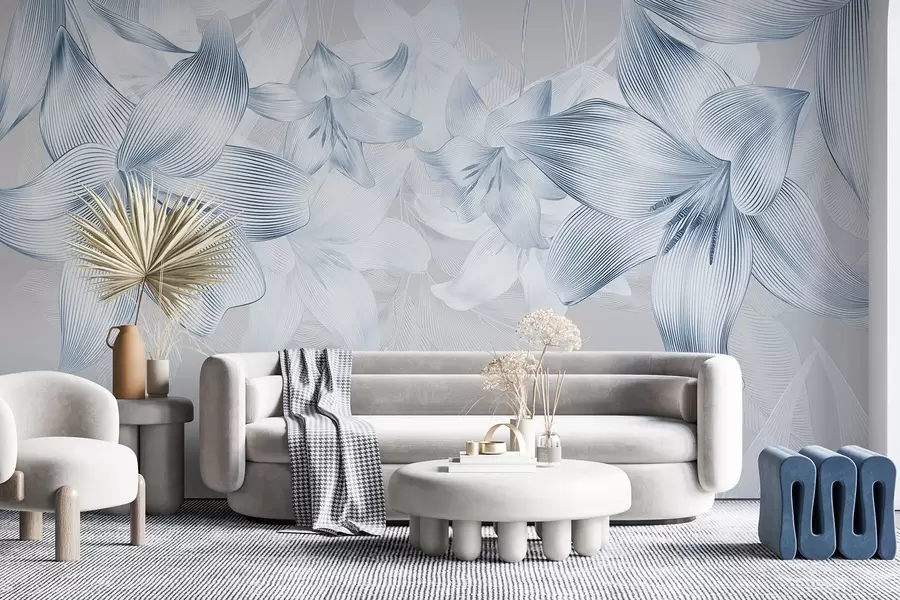 wall murals Плави љиљани са сложеним детаљима линија, елегантним цветним аранжманом, неутралном палетом боја w08912v1