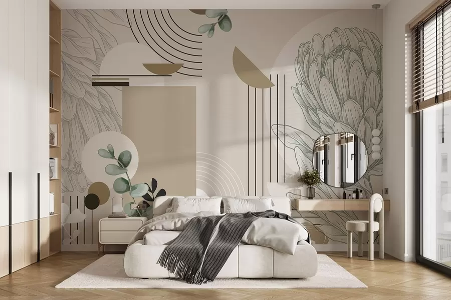 wall murals Апстрактни ботанички принт са цветом протеа, листовима еукалиптуса, геометријским облицима у минималистичком стилу, пастелним бојама w08914